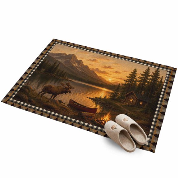 Farmhouse Landscape Art 2'x3' Small Rugs for Entryway Front Door Kitchen Sink Area, Brown Moose Cabin Lake Mountains Campfire Soft Sturdy Mats Washable Non Slip Rectangle Area Rug