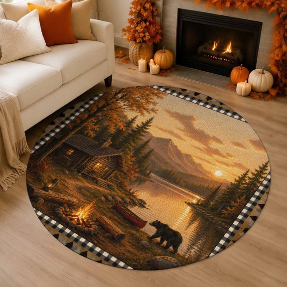 Farmhouse Landscape Art 3' Round Rug for Bathroom Accent Bedside Corner, Brown Bear Cabin Lake Mountains Campfire Washable Non Slip Soft Circle Area Rug for Small Spaces Entryway
