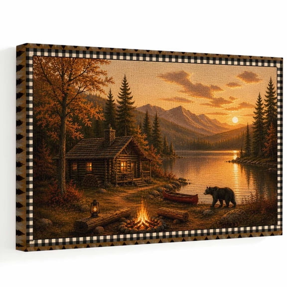 Farmhouse Landscape Art Canvas Wall Art, Brown Bear Cabin Lake Mountains Campfire Wall Art Prints Artwork Framed Canvas Ready to Hang Art Pictures for Bathroom, Dressing Table, Entryway 12" x 8"