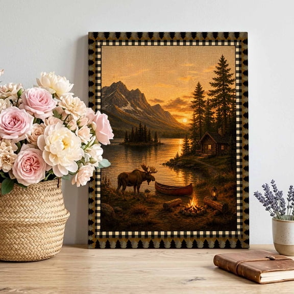 Farmhouse Landscape Art Canvas Wall Art, Brown Moose Cabin Lake Mountains Campfire Framed Canvas Wall Decor Picture Print Artwork Decorations for Living Room Office Ready to Hang 10" x 8"