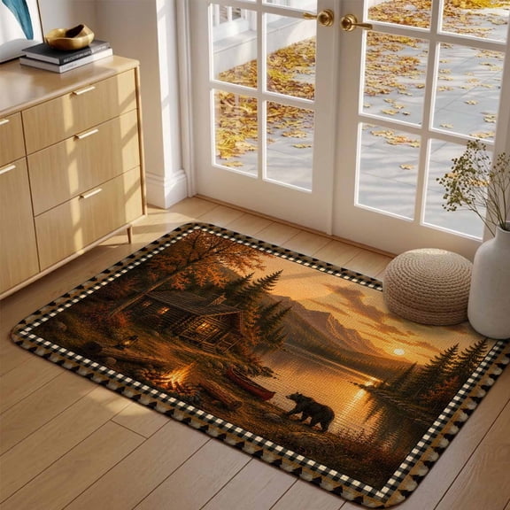 Farmhouse Landscape Art Front Door Mat Indoor Entrance, Brown Bear Cabin Lake Mountains Campfire Absorbent Dirt Resist Welcome Mats Non-Slip Low-Profile Doormat Washable Entry Rug Indoor 20X32 Inch
