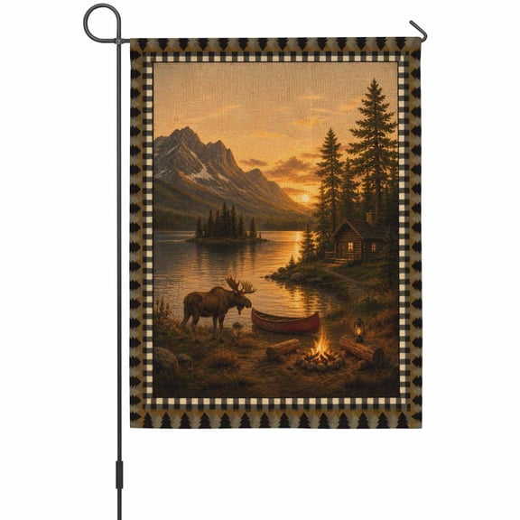 Farmhouse Landscape Art House Flag 28 x 40 Inches, Brown Moose Cabin Lake Mountains Campfire Weather Proof Outdoor Patio Flags Double Sided Small House Decoration for Yard Lawn Outside Home