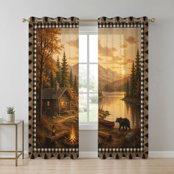 Farmhouse Landscape Art Sheer Curtains 72 Inch Long 2 Panels, Brown Bear Cabin Lake Mountains Campfire Light Filtering Semi Sheer Drapes Grommet Voile Window Curtain for Living Bedroom W52 x L72
