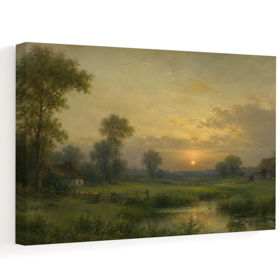 Farmhouse Landscape Canvas Wall Art, Country Vintage Gold Sunset Sky Green Tree Wall Art Prints Artwork Framed Canvas Ready to Hang Art Pictures for Bathroom, Dressing Table, Entryway 12" x 8"