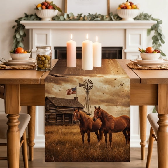 Farmhouse Landscape Dining Table Runner, Western Country Farm Horses Eagle American Flag Washable Table Runners Kitchen Coffee Table Center Decor for Home Party Holiday Wedding 13 x 72 Inches