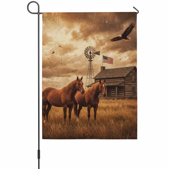 Farmhouse Landscape House Flag 28 x 40 Inches, Western Country Farm Horses Eagle American Flag Weather Proof Outdoor Patio Flags Double Sided Small House Decoration for Yard Lawn Outside Home
