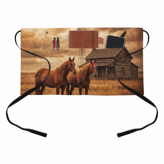 Farmhouse Landscape Kitchen Restaurant Half Waist Apron, Western Country Farm Horses Eagle American Flag Server Short Apron with 3 Pockets Waterproof Oil Waist Aprons for Women Waitress Waiter
