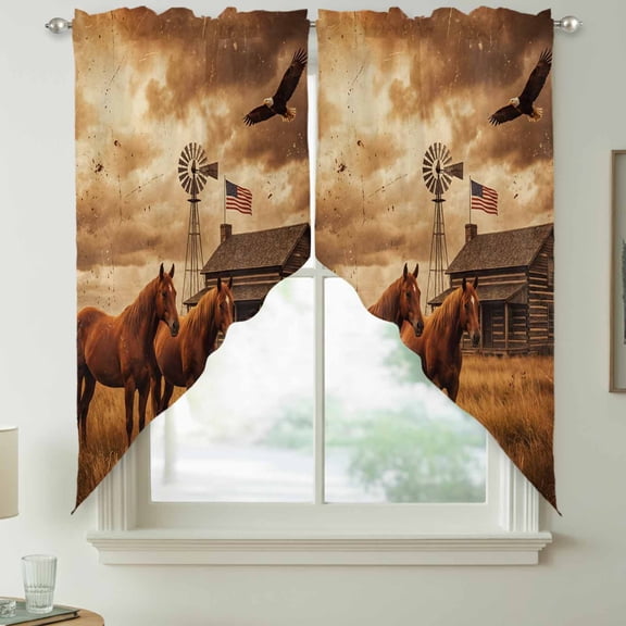 Farmhouse Landscape Swag Kitchen Curtain Valances, Western Country Farm Horses Eagle American Flag Rod Pocket Curtains Window Treatment Decor Valances for Bedroom Bathroom, 2 Panels 36 x 63 Inch