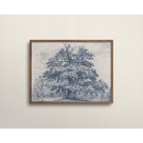 Farmhouse Landscape Vintage Blue Oak Tree Illustration Rustic French Country Poster Unframed Paper Print