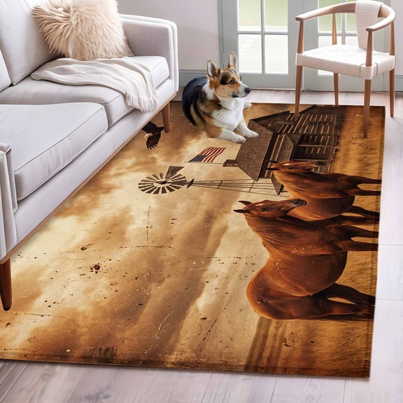 Farmhouse Landscape Washable Area Rug 3 x 5 ft Western Country Farm Horses Eagle American Flag , Soft Non Slip Rugs Stain Repellent Indoor Felt Carpet for Living Dining Room Bedroom Home Office