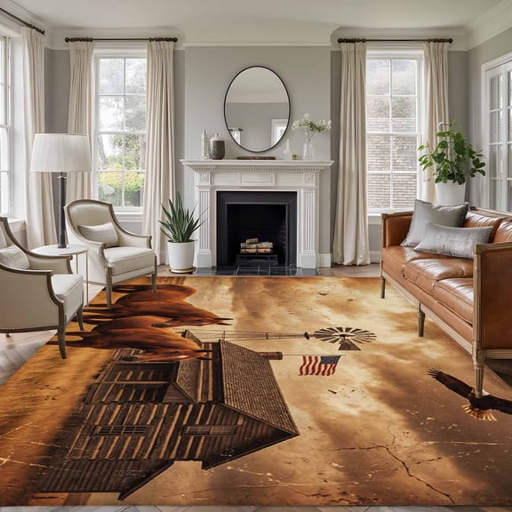Farmhouse Landscape Washable Area Rug 8 x 10 ft Western Country Farm Horses Eagle American Flag , Soft Non Slip Rugs Stain Repellent Indoor Felt Carpet for Living Dining Room Bedroom Home Office