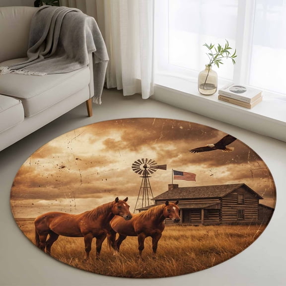 Farmhouse Landscape Washable Round Area Rug 3.3 ft, Western Country Farm Horses Eagle American Flag , Soft Non Slip Rugs Stain Repellent Indoor Felt Carpet for Living Dining Room Bedroom Home Office