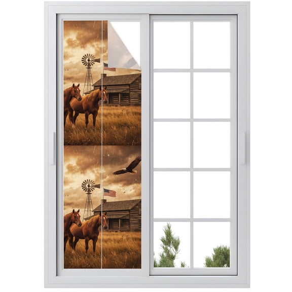 Farmhouse Landscape Window Privacy Film, Western Country Farm Horses Eagle American Flag Frosted Glass Window Clings Static Cling UV Heat Blocking Reusable Door Sticker for Bathroom 23.6 x 78.7 Inch