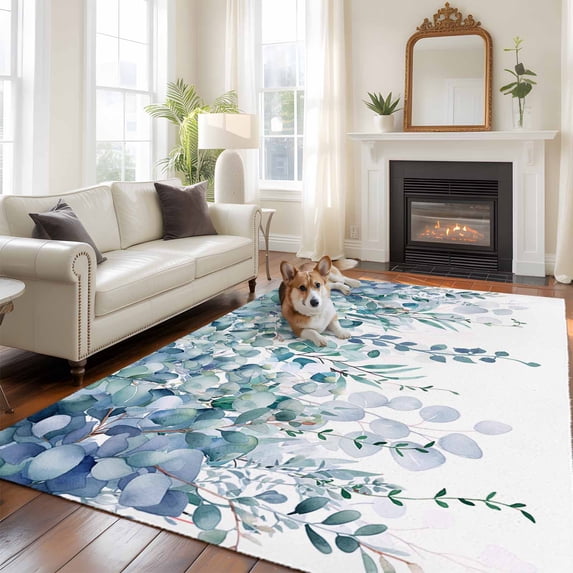 Farmhouse Large Area Rugs 8x10 ft Watercolor Blue Eucalyptus Leaves Rustic Botanical Washable Rug Non Slip Indoor Carpet Absorbent Floor Mat for Living Room Bedroom Dining Room