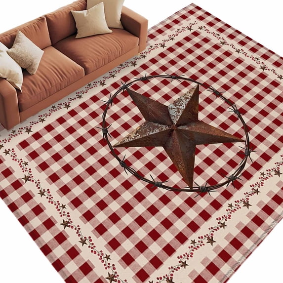 Farmhouse Large Area Rugs for Bedroom Living Room, Soft Non Slip Carpet Bedside Rug, Vintage Star Retro Rustic Checked Grid Lodge Rectangle Floor Cover Kitchen Accent Rug 5'x7' for Dining Room/Office