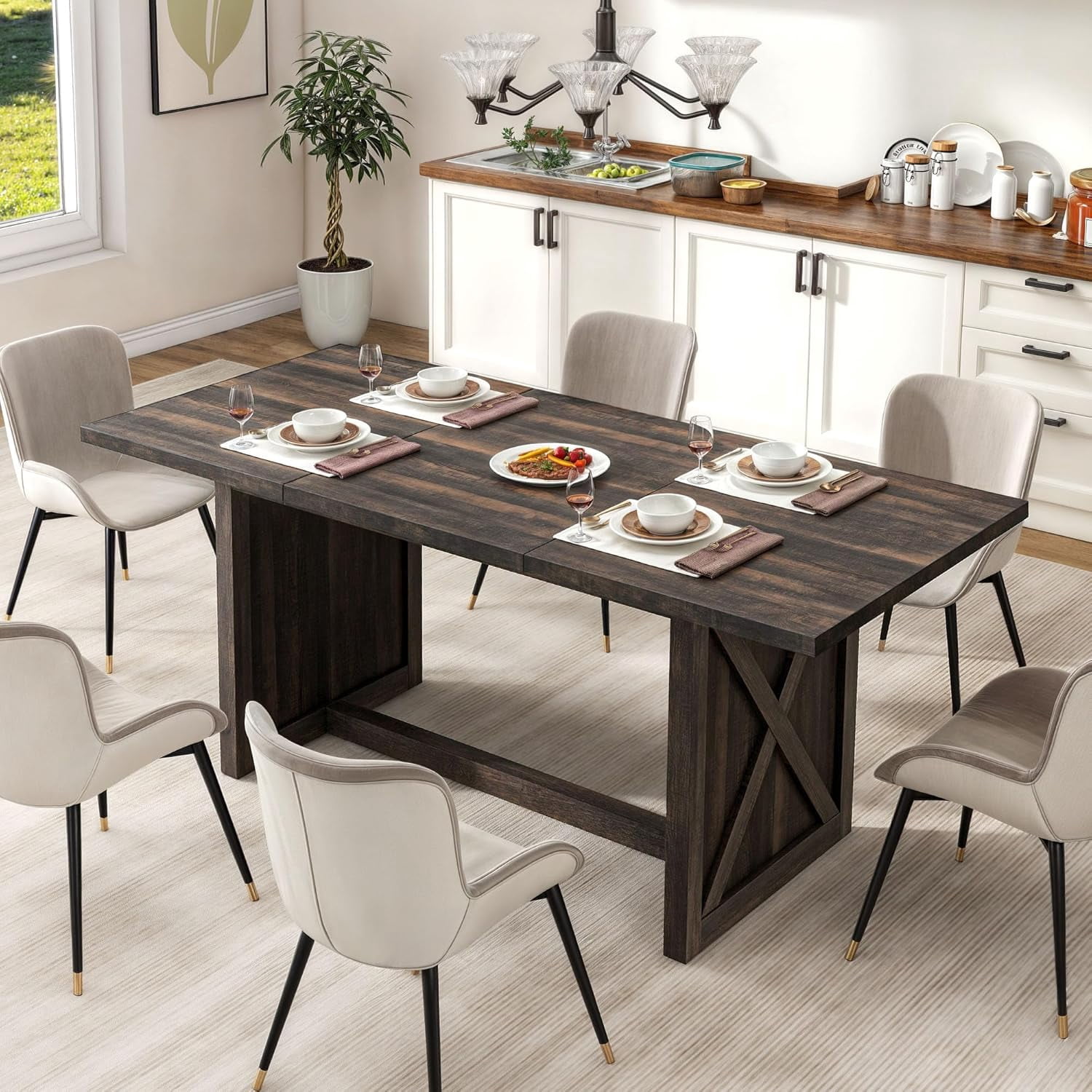 Farmhouse Large Dining Table for 6-8 People, 70.8 Inch Rectangular Wood ...