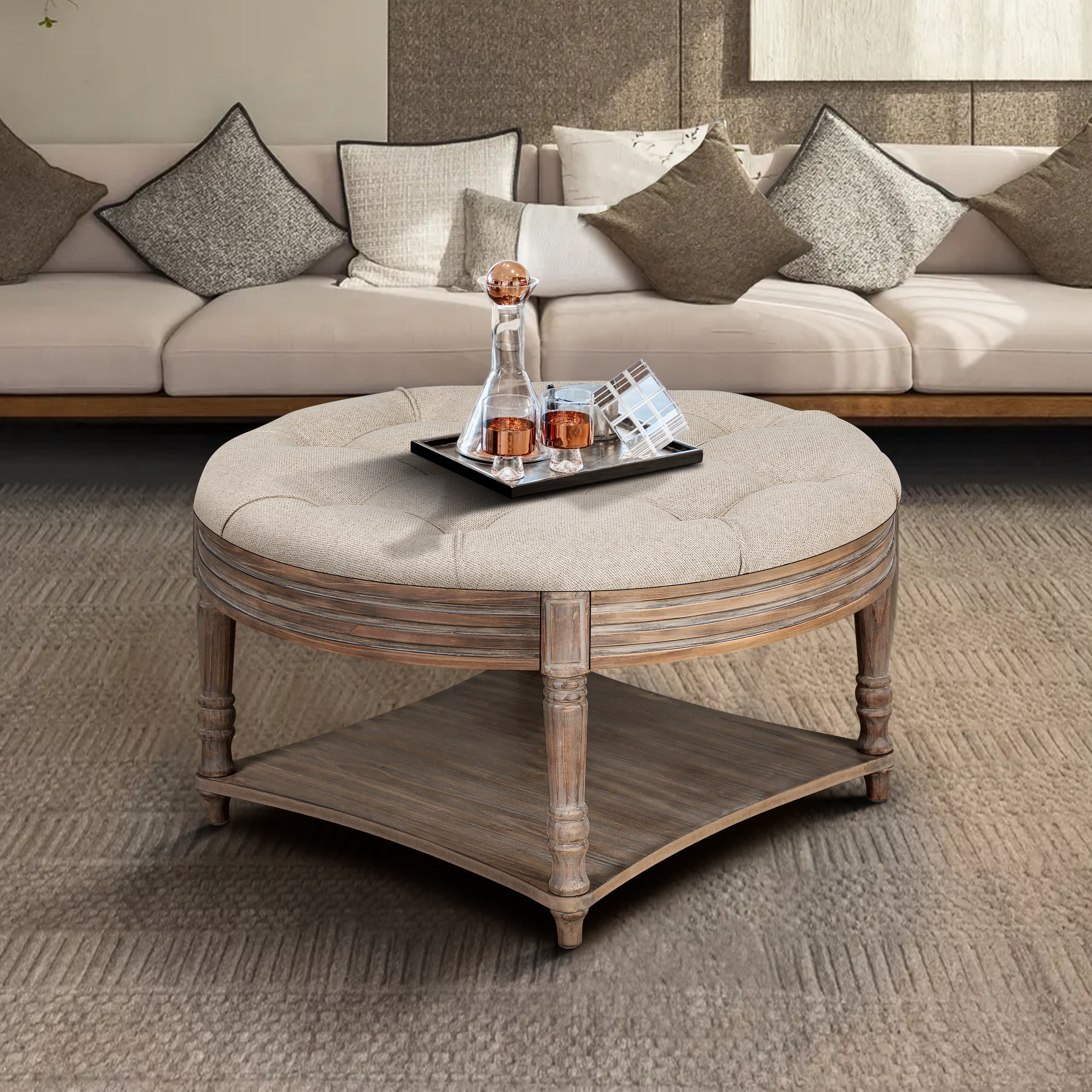 Farmhouse Large Round Ottoman Coffee Table with 2 Tier Storage - Light ...