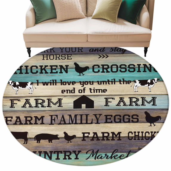 Farmhouse Large Round Rug 8Ft Barn Cow Pig Chicken Brown Teal Ombre ...