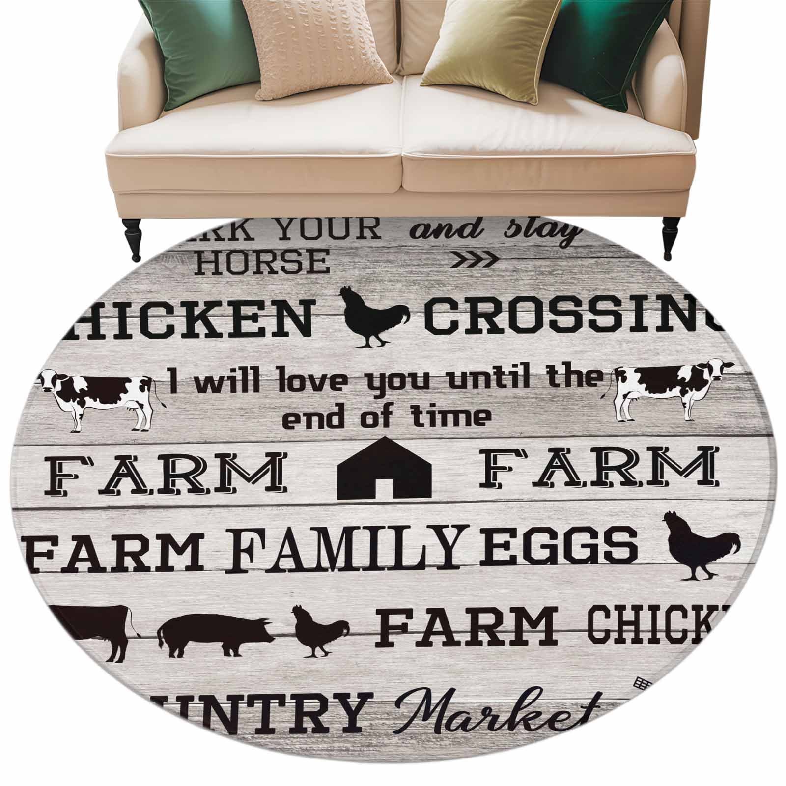Chicken Rug Large Farmhouse Large Round Rug 8Ft Country Barn Animal Cow Pig Chicken Brown ...