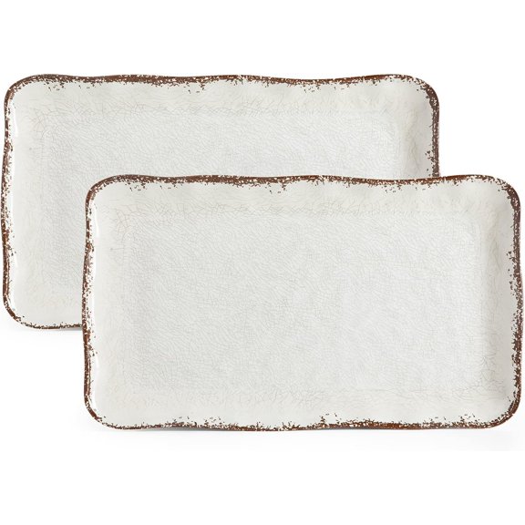 Farmhouse Large Serving Platters, 2 count Melamine Dinnerware Set, 17.5 x 10 Inches Serving Tray, Rectangle White Rustic Trays Set of 2