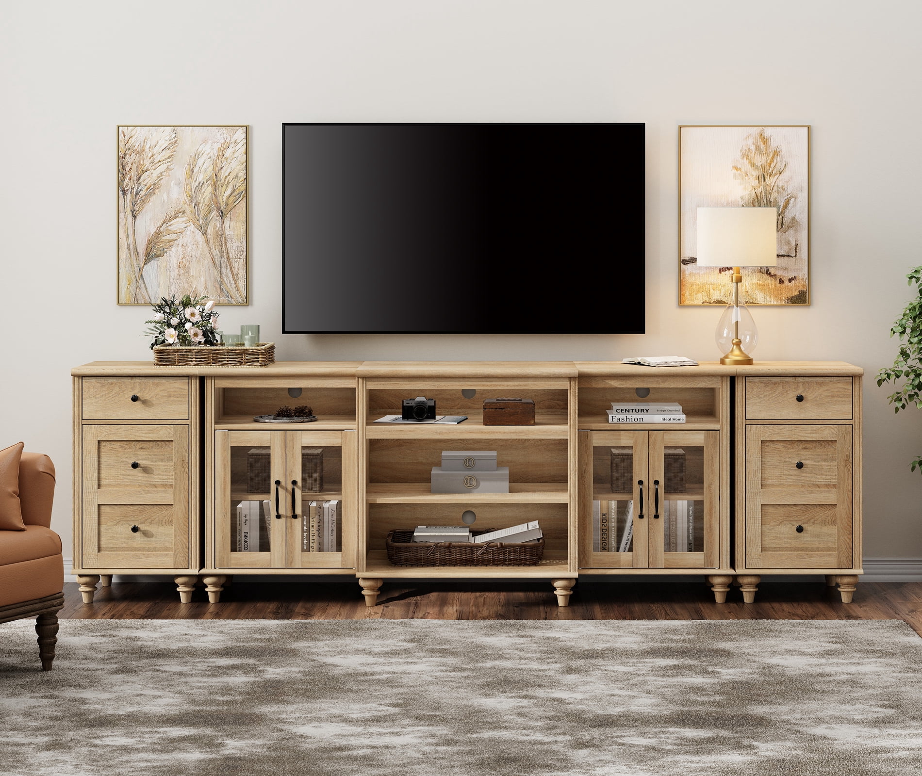 Farmhouse Large TV Stand for TVs Up to 100 inch with Charging Station, 4 Glass Doors and Wood Universal TV Console with Storage Cabinets, Entertainment Center Table for Living Room, Bedroom, Oak