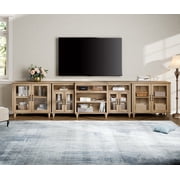 Farmhouse Large TV Stand for TVs Up to 115 inch with Glass Doors, Wood Universal TV Console with Storage Cabinets, Entertainment Center Table for Living Room, Bedroom, Oak