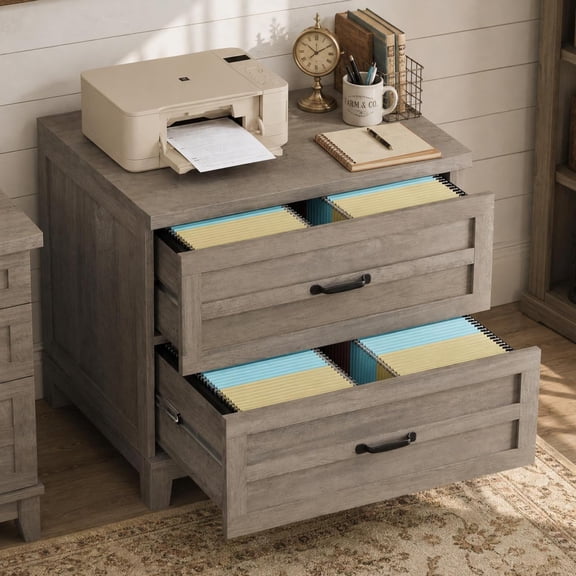Farmhouse Lateral File Cabinet with 2 Deep Drawers, Thick Tabletop - Sturdy Wooden Frame - Smooth Rails - Hanging Storage for Letter/Legal/A4 Files