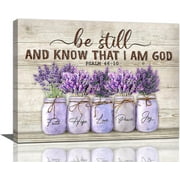 Farmhouse Lavender Bathroom Flower Decor Wall Art Be Still And Know That I Am God Rustic Floral Purple Pictures Wall Decor Christian Religion Canvas Painting Prints Artwork Framed for Bedroom 16"x12"
