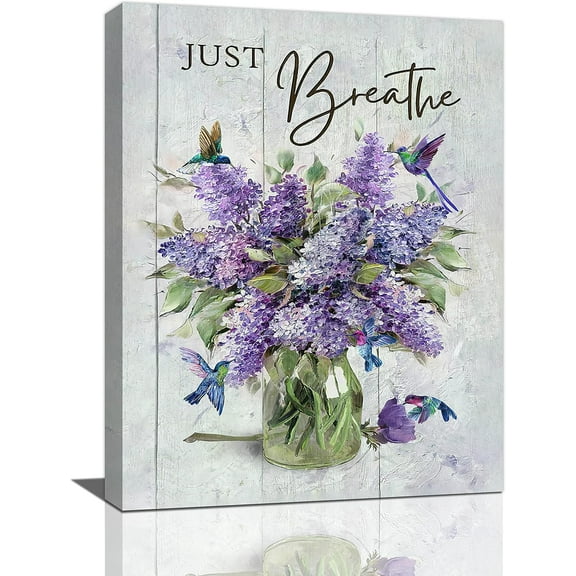 Farmhouse Lavender Bathroom Lilac Flower Decor Wall Art Just Breathe Rustic Hummingbird Floral Purple Pictures Wall Decor Canvas Painting Prints Artwork Home Decorations Framed for Bedroom 12"x16"