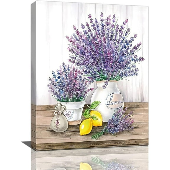 Farmhouse Lavender Bathroom Wall Art Country Floral Flower Pictures Wall Decor Rustic Purple Lavender Canvas Painting Modern Home Artwork for Bathroom Bedroom Kitchen Office Framed 12"x16"