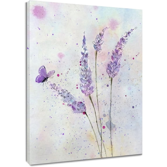 Farmhouse Lavender Canvas Wall Art Butterfly with Purple Flower Wall Art for Living Room Nature Plant Botanical Framed Wall Art for Bedroom Bathroom Wall Decor Ready to Hang,10L X 8W Inches