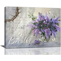 Farmhouse Lavender Decor Wall Art Purple Christian Pictures for Wall Rustic Canvas Prints Just Breathe Sign Flower Painting Framed Artwork for Bedroom Kitchen Living Room Office 16"x12"