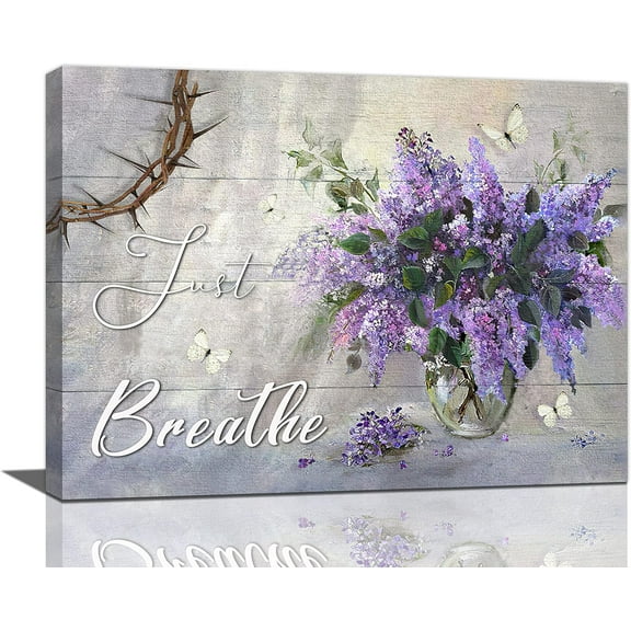 Farmhouse Lavender Decor Wall Art Purple Christian Pictures for Wall Rustic Canvas Prints Just Breathe Sign Flower Painting Framed Artwork for Bedroom Kitchen Living Room Office 16"x12"