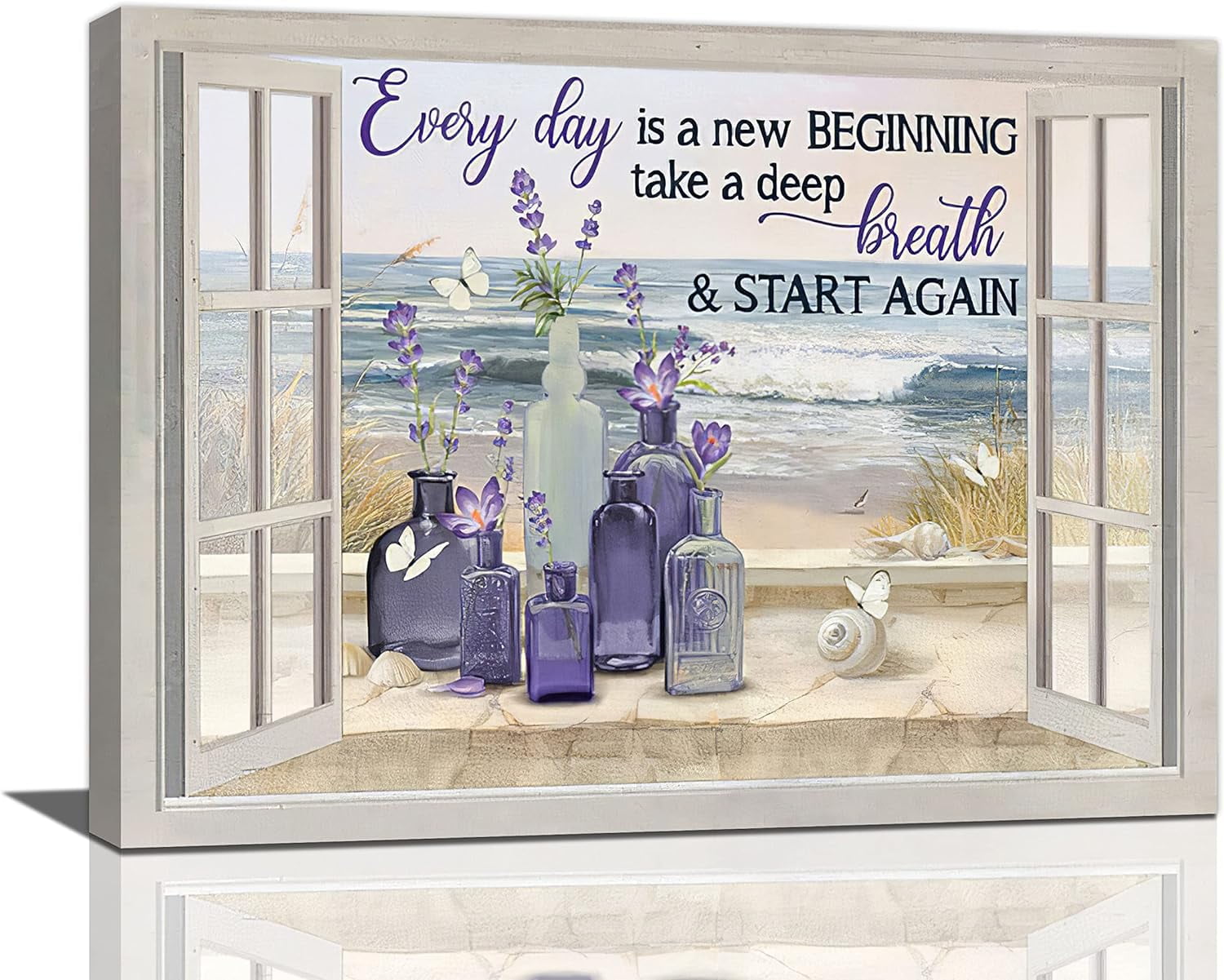 Farmhouse Lavender Flower Bathroom Decor Wall Art Rustic Country Butterfly Purple Window Beach Pictures Wall Decor Canvas Painting Prints Artwork Decorations Framed for Bedroom Bathroom 16"x12"