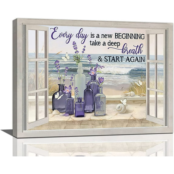 Farmhouse Lavender Flower Bathroom Decor Wall Art Rustic Country Butterfly Purple Window Beach Pictures Wall Decor Canvas Painting Prints Artwork Decorations Framed for Bedroom Bathroom 16"x12"