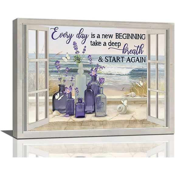 Farmhouse Lavender Flower Bathroom Decor Wall Art Rustic Country Butterfly Purple Window Beach Pictures Wall Decor Canvas Painting Prints Artwork Decorations Framed for Bedroom Bathroom 16"x12"