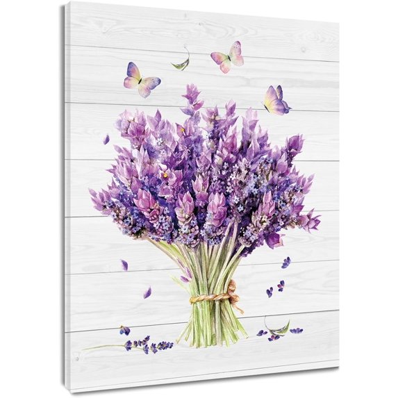 Farmhouse Lavender Wall Art for Living Room Purple Floral and Butterfly on Rustic Wood Canvas Wall Art Flower Nature Plant Framed Wall Art for Bathroom Bedroom Decor Ready to Hang,12X16 inches