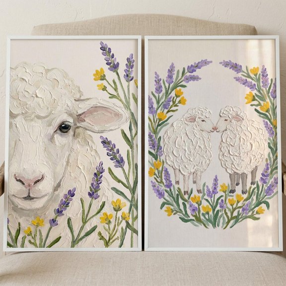 Farmhouse Lavender White Sheep Wall Art Set Of 2 Cottagecore Nursery Decor Impasto Style Animal Art Textured Floral Lamb Prints Set 2