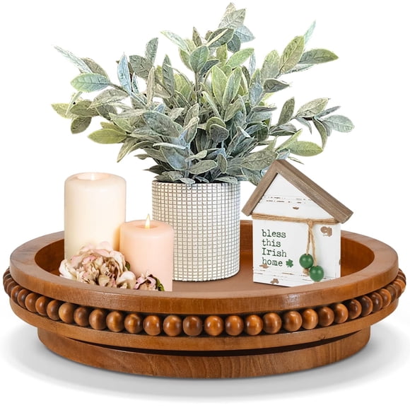 Farmhouse Wooden with Beads 360 Degree Rotating Lazy Susan Organizer for Cabinet Countertop