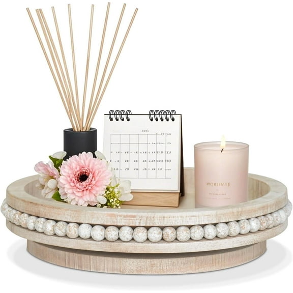 Rustic Wooden Lazy Susan Organizer with Beads, 360 Degrees Rotating, 1-Tier for Countertop, Cabinet