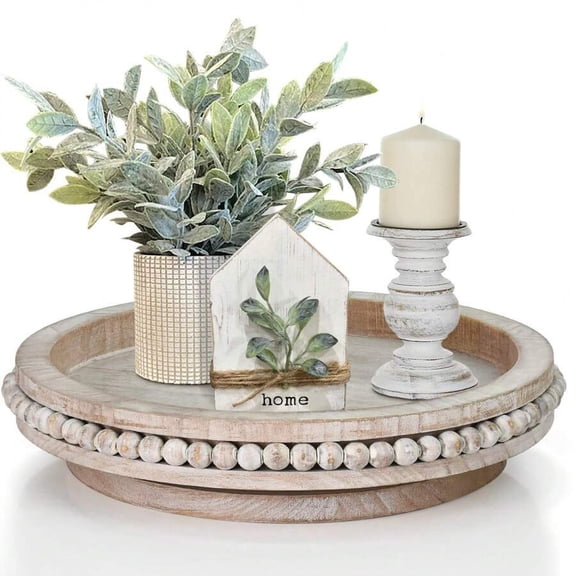 Farmhouse Lazy Susan Organizer For Cabinet,Decorative Tray Riser,Counter Lazy Susan Turntable Organizer With Beads,360 Degrees Rotating Display Stand For Spice Racks,Centerpiece Tray