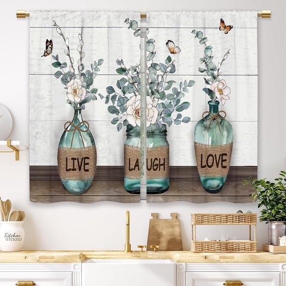 Farmhouse Leaf Kitchen Curtains Rustic Green Eucalyptus Small Short Cafe Window Curtains Plant Floral Bottle Rod Pocket Bathroom Window Drapes Treatment Tier Curtains 2 Panels (27.5x39 Inch)