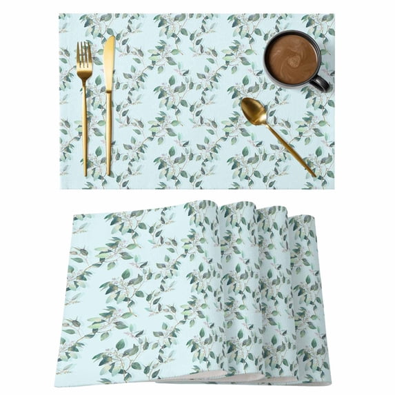 Farmhouse Leaves Placemats Set of 6, Plants Turquoise Non-Slip Place Mats Washable Table Mats for Kitchen Dining Table Decorations Indoor/Outdoor
