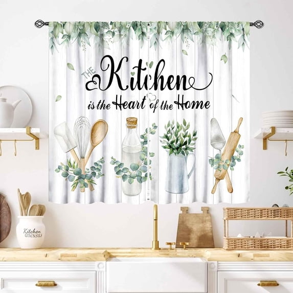 Farmhouse Leaves Small Kitchen Curtains,Watercolor Green Leaf Plant Window Treatment for Living Room Coffee Shop Drapes,Farmhouse Country Botanical Wooden Board Rod Pocket Curtains,55X39 Inch