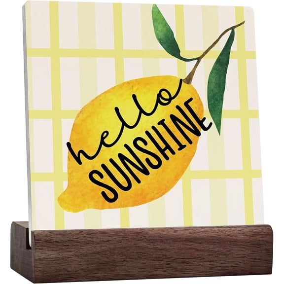 Farmhouse Lemon Ceramic Table Sign Rustic Country Hello Sunshine Lemon Box Sign Wood Sign Decor Summer Square Wood Sign Home Kitchen Desk Tabletop Shelf Decor