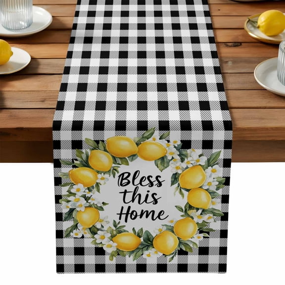 Farmhouse Lemon Cotton Linen Table Runner for Dining Kitchen, Bless Home Summer Black Buffalo Plaid Wedding Outdoor Party Tablerunners Decoration, Dresser Scarf Coffee Tablecloth Runners 13x36 Inches