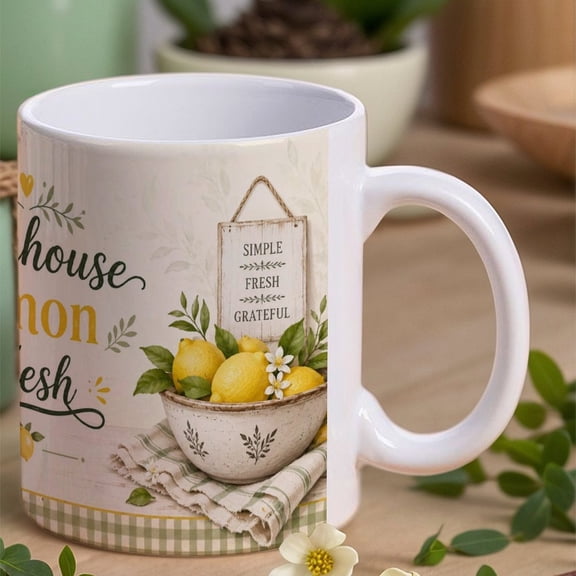 Farmhouse Lemon Fresh11 Oz Ceramic Coffee Mug, Printed Coffee Cup for Tea, Cocoa, Home Office Gift