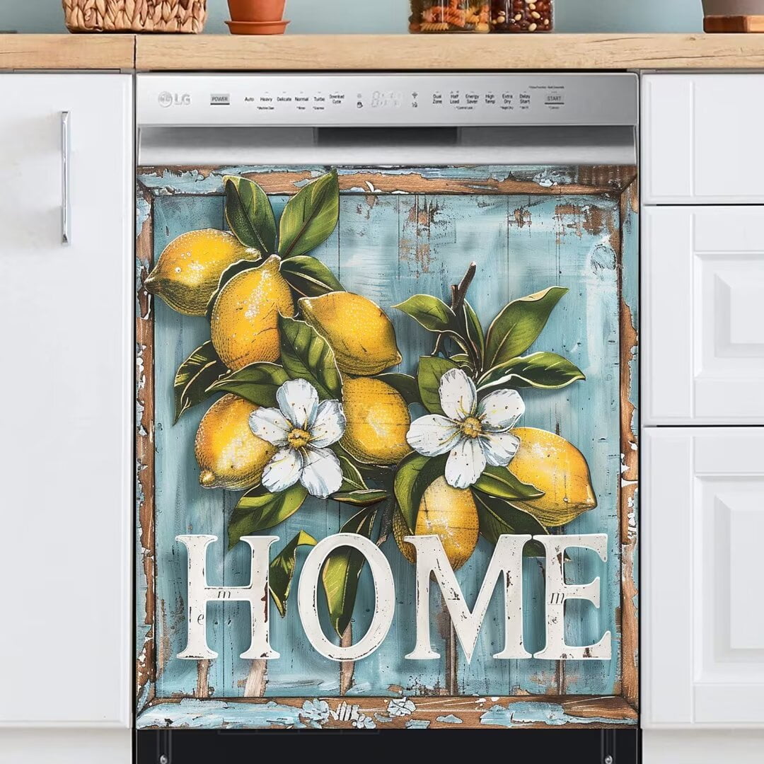 Farmhouse Lemon Home Decor Dishwasher Cover, Retro Barn Wood