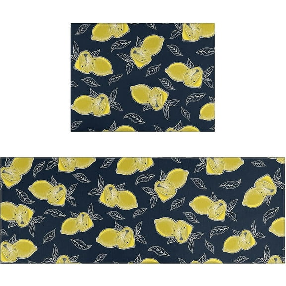 Farmhouse Lemon Kitchen Rugs and Mats Set of 2 Summer Kitchen Decoration Rug Non Slip Super Absorbent Kitchen Mats for Sink Waterproof Runner Rug for Laundry Room 17"x48"+17"x24"