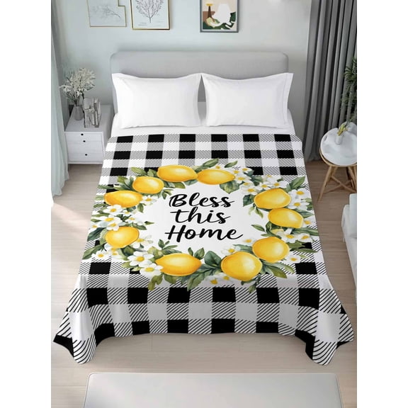 Farmhouse Lemon Queen Size Flat Sheet, Wrinkleproof & Fadeproof Cooling Flat Bed Sheet Only, Bless Home Summer Black Buffalo Plaid Breathable Soft Bedding Top Sheets 90 x 102 Inches